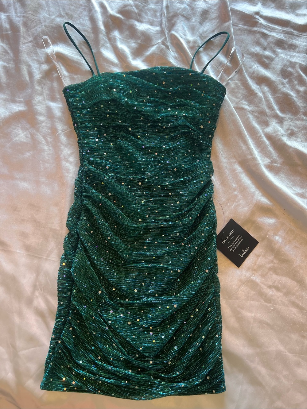 Lulu's Emerald Sequin Ruched Slip Dress